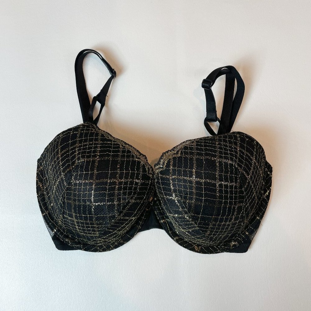 NWOT Victoria's Secret Bra 32DD Lined Demi Black Gold Metallic